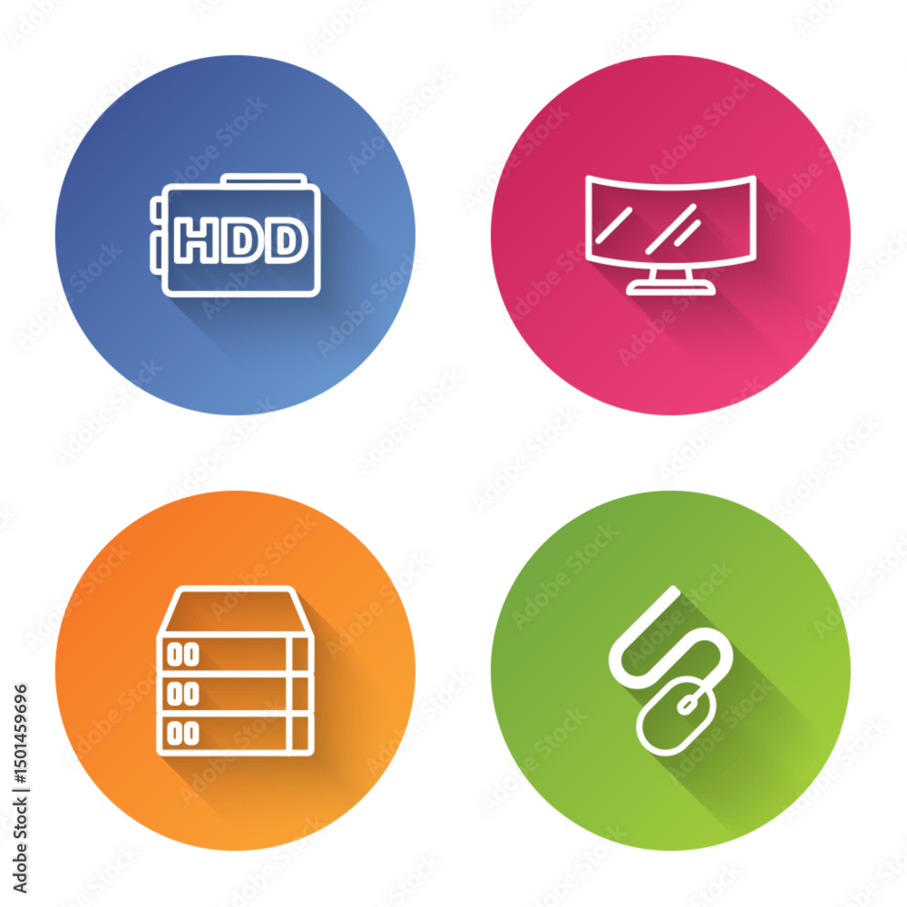 Poster set line hard disk drive hdd, computer monitor screen, server, data, web hosting and mouse. color ci