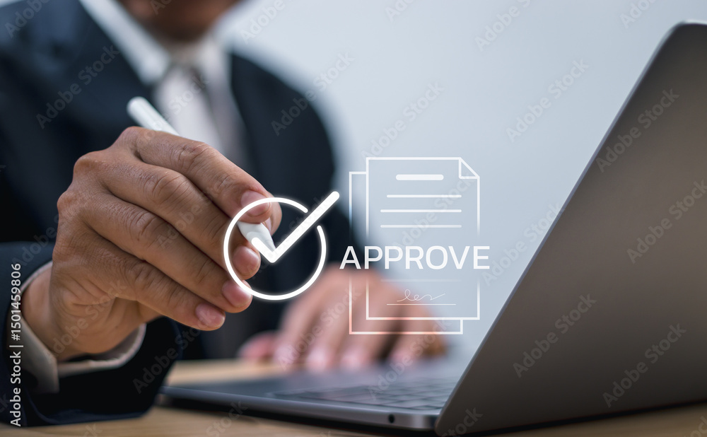 Poster electronic document management system and evaluation concept, businessman using pen to check box to 