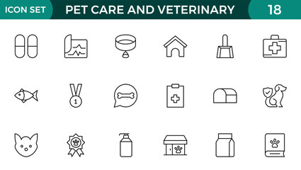 Set of line icons related to pet, care, veterinary, vet, and healthcare. Outline icon collection. Set of outline veterinarian icons. Animals veterinary icons.Pet and Vet Line Icon Set.