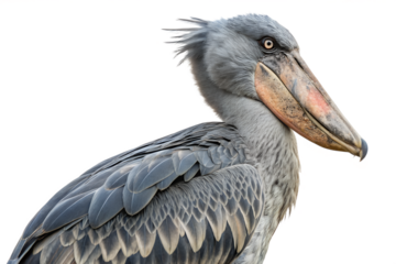 close up of a shoebill isolated on white