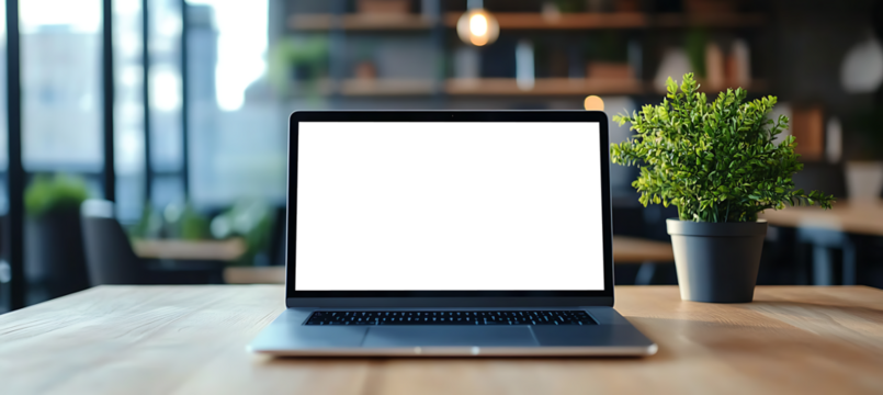 Professional Laptop Workstation with Trapsnarent PNG Screen Displayed on Tabletop in Open Office Area for Commercial and Promotional Design Use - Powered by Adobe