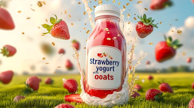 A bottle of strawberry yogurt with oats in a field of grass, with splashing yogurt and strawberries.