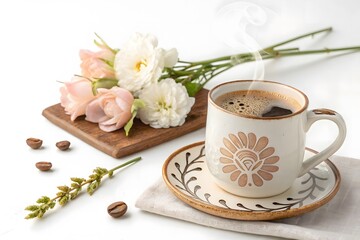 Morning coffee with flowers still life isolated on white background