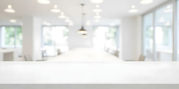 A white wooden table in a blurred office environment with lights and windows, neutral colors