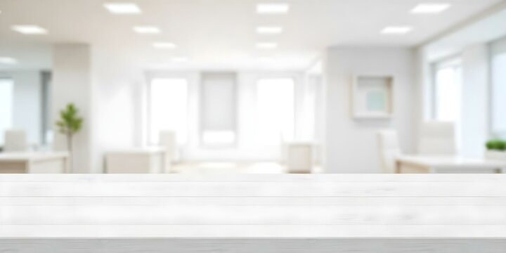 A white wooden table in a blurred office environment with lights and windows, neutral colors