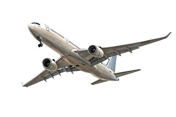 Airplane soaring high in a clear blue sky, isolated PNG with transparent background