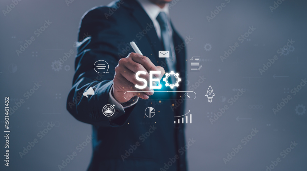 Poster seo search engine optimization technology on internet website concept, businessman using pen touchin