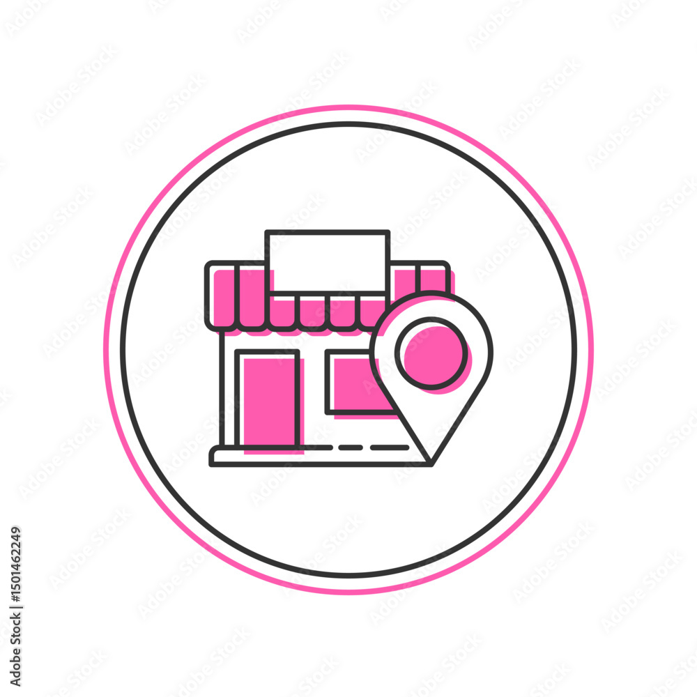 Poster filled outline location with store icon isolated on white background. vector