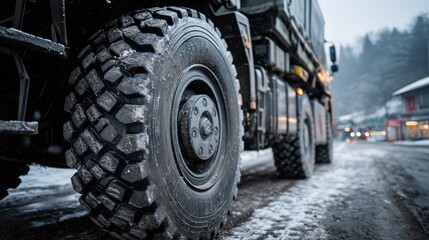 Dirty Snow Accumulated on Winter Truck Tire