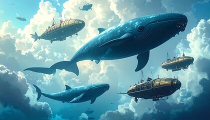 Fototapeta premium Majestic Whales Swimming Among Floating Airships in a Dreamy Cloudy Sky