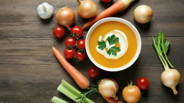 Fresh vegetables and homemade soup on rustic wooden table