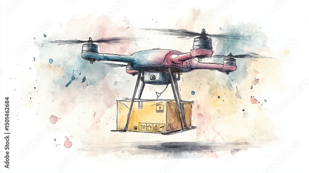 Aufkleber aerial delivery drone hovering mid-drop with package below showing precision landing and urban logis
