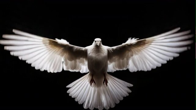white pigeon flying on black background