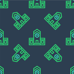 Line Railway station icon isolated seamless pattern on blue background. Vector
