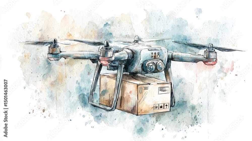 Poster flying drone with blinking sensors and payload showing smart courier and airborne delivery tech