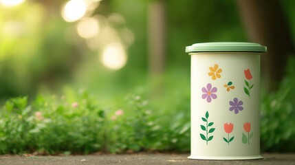 Colorful Floral Container Surrounded by Lush Green Nature in Bright Light