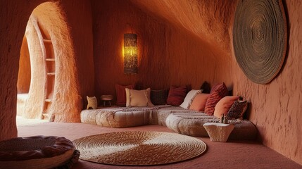 Close-up of earthy modern African hut interior, woven decor, red clay walls, organic texture