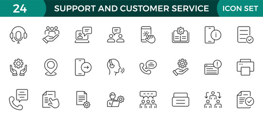 Support and customer service outline style modern icons set. Customer Feedback, Response, experience, helpline and technical support icon illustration.