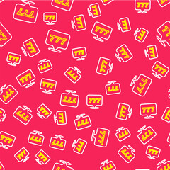 Line Slot machine with lucky sevens jackpot icon isolated seamless pattern on red background. Vector