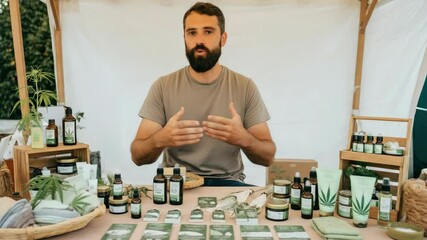 Bearded man at outdoor market stall selling natural skincare products