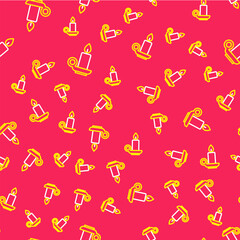 Line Burning candle in candlestick icon isolated seamless pattern on red background. Cylindrical candle stick with burning flame. Vector