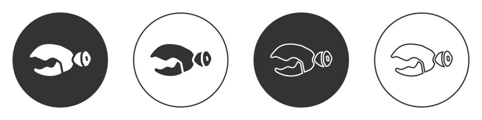 Black Lobster or crab claw icon isolated on white background. Circle button. Vector
