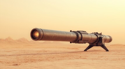 A large, modern artillery weapon is positioned on a sandy desert landscape under a hazy sky.