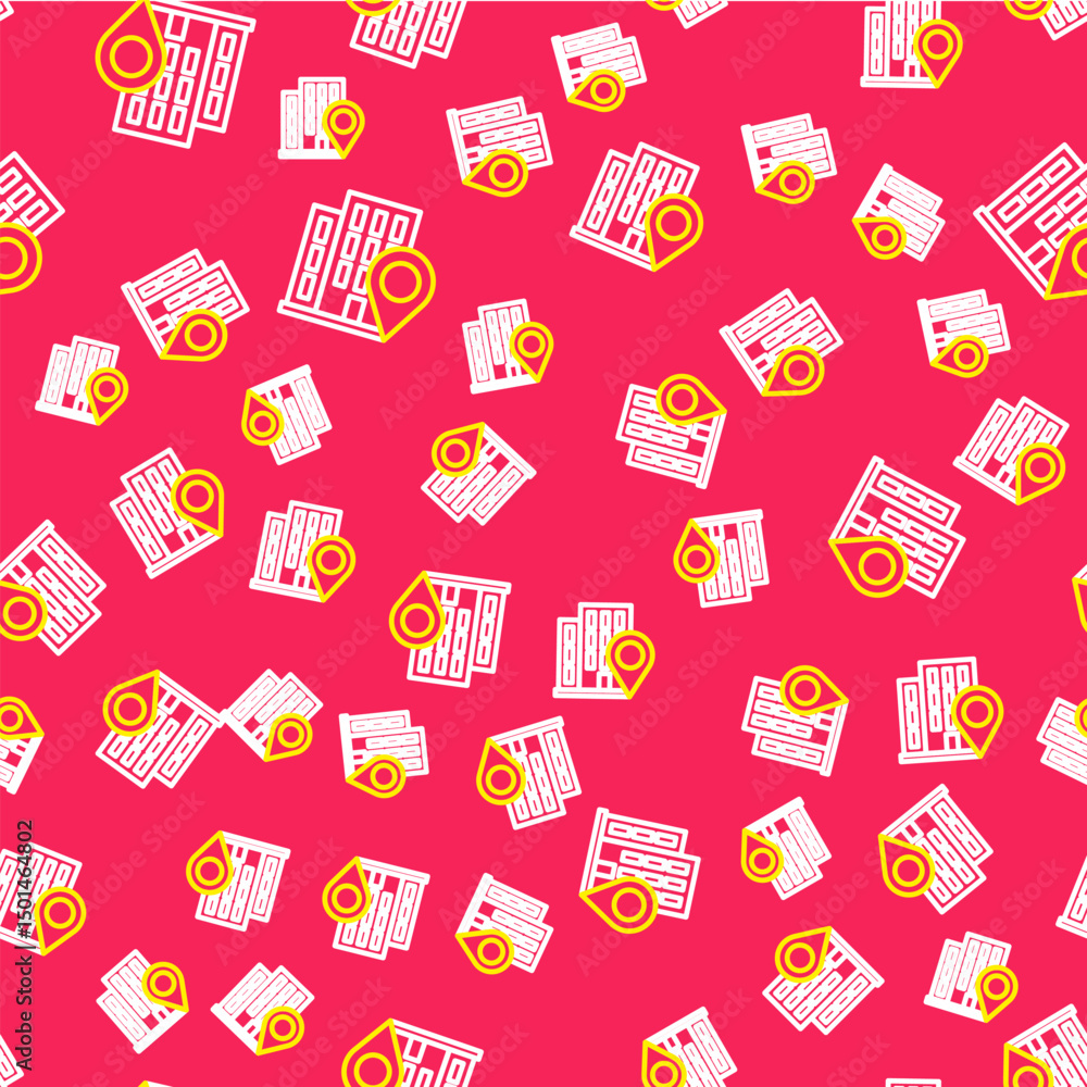 Poster line map pointer with house icon isolated seamless pattern on red background. home location marker s