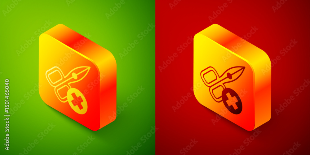 Poster isometric no scissors icon isolated on green and red background. square button. vector