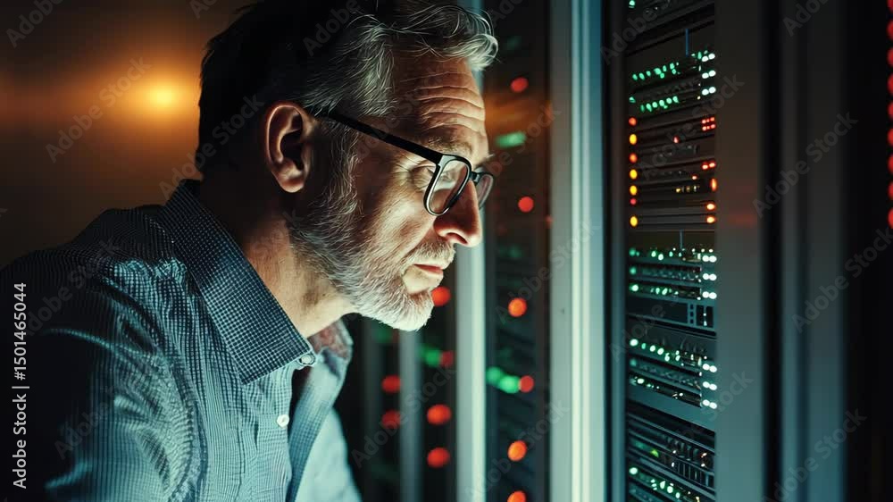 Poster a man in a suit with a serious expression looking at computer servers.