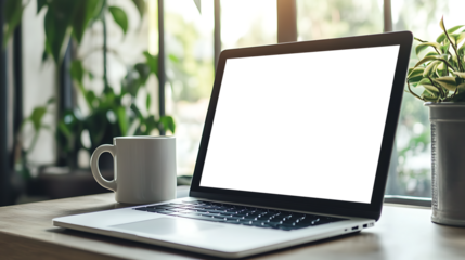 Minimalistic Workspace Featuring Laptop with Empty PNG Screen and Coffee Mug for Creative Advertising or Branding Concepts