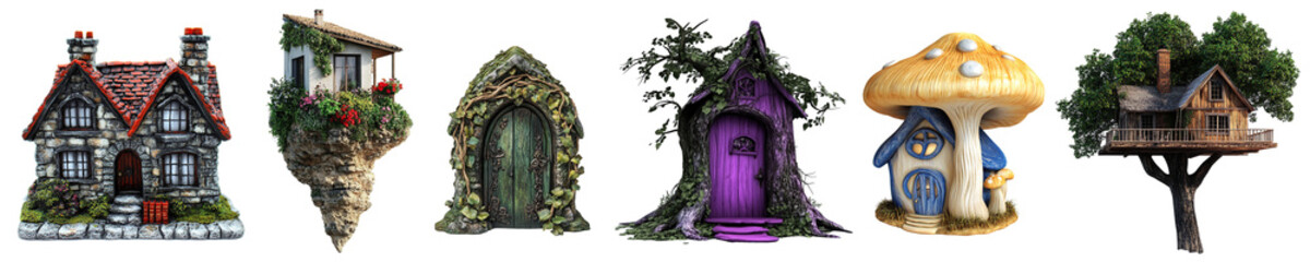 Magical fairy tale houses in fantasy forest landscape on transparent background