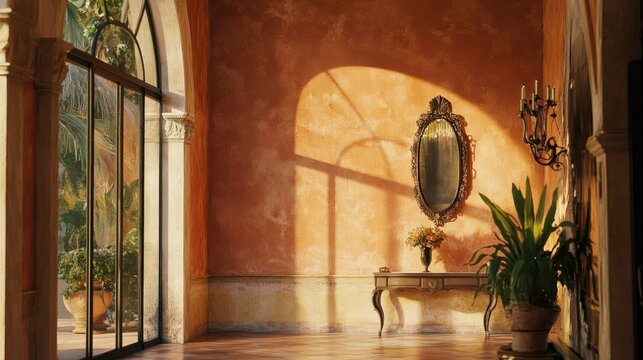 Close-up of romantic Italian villa interior, stucco walls, arched windows, terracotta hues
