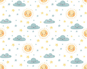 Pattern Background with Smiling Suns Clouds and Stars Vector for Cheerful Weather Themes in Bright Colors for Kids Decor