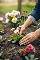 Fototapeta premium Planting Flowers in the Garden A Gentle Touch of Nature