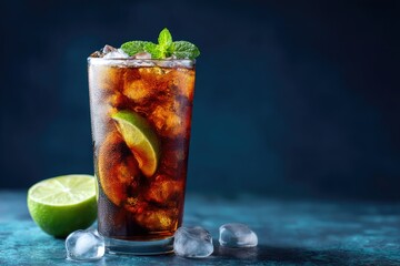 Tall cola glass with ice, lime slices, and mint sprig on dark blue backdrop, perfect for summer advertising, drink branding, or tropical-themed visuals