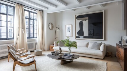 Flat lay of artful modern loft, oversized artwork, sleek furniture, neutral tones