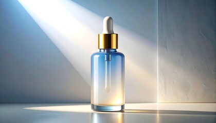 Elegant Glass Dropper Bottle with Gold Cap Displayed in Soft Light on Minimalist Surface