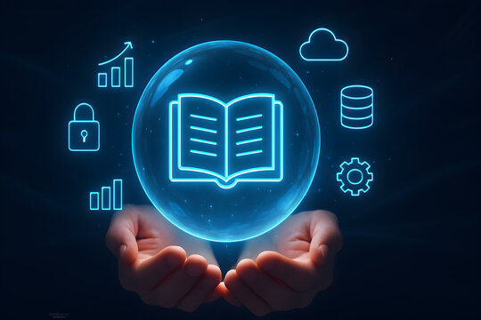 Hand holding of global digital network connection, online education platform virtual classroom interactive learning modules, seamless communication accessibility knowledge sharing skill development.