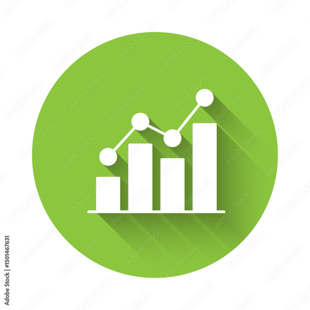 Poster white pie chart infographic icon isolated with long shadow background. diagram chart sign. green cir