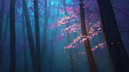 Obraz premium Enchanted Forest with Mystical Light and Colorful Leaves