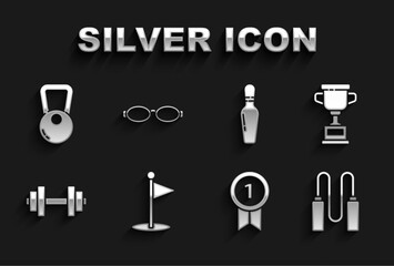 Set Golf flag, Award cup, Jump rope, Medal, Dumbbell, Bowling pin, Kettlebell and Glasses for swimming icon. Vector