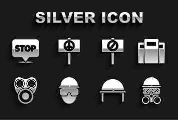 Set Special forces soldier, Police assault shield, Gas mask, Military helmet, Protest, and Peace icon. Vector