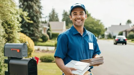Smiling male postal worker holding letters on suburban street
