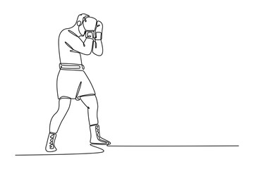 Continuous one line drawing professional boxer covering his face for defending himself during fight on boxing ring. Male fighter practicing at gym. Single line draw design vector graphic illustration