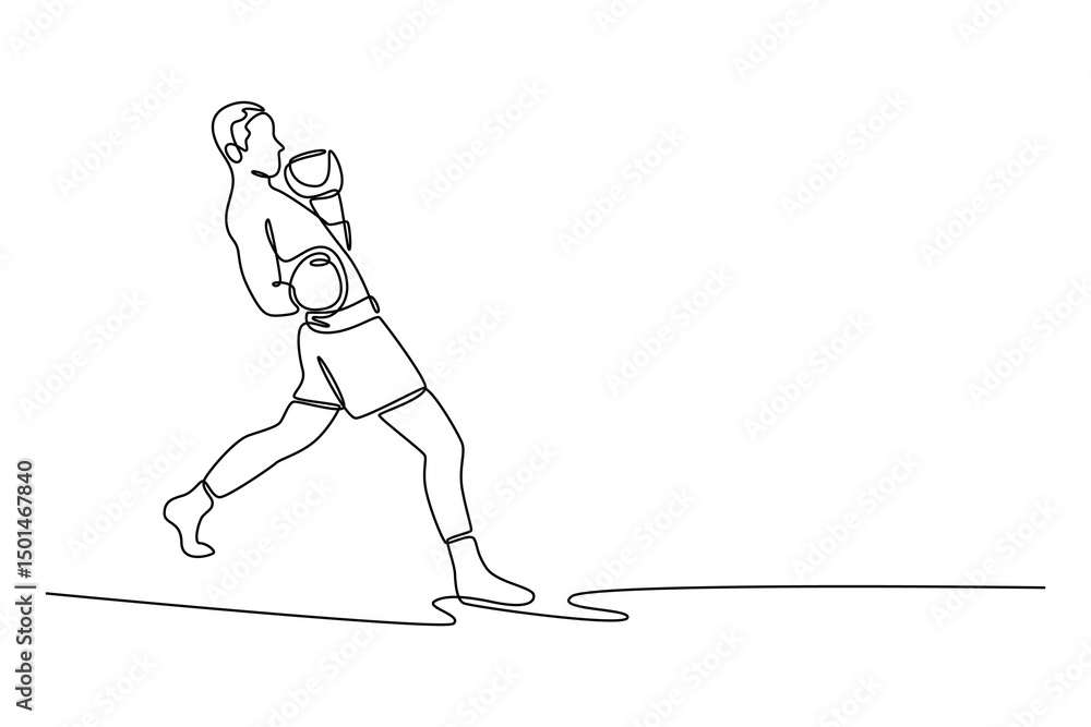 Poster continuous one line drawing attractive male boxer doing dodging punch skill training at the gym. box