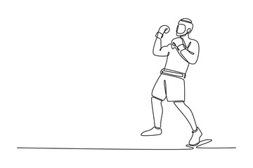 Continuous one line drawing male boxer wearing protective head guard and gloves practicing dodging punch at boxing club. Professional sport at gym. Single line draw design vector graphic illustration