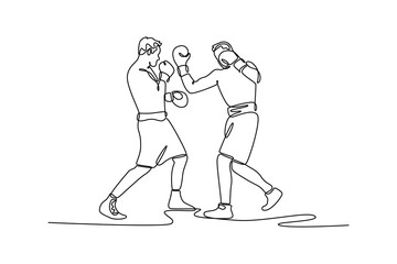 Single continuous line drawing boxer use jab and uppercut punch combinations in boxing match. Getting in close to make opponent on ropes and knockout. One line draw graphic design vector illustration