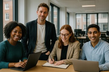 Diverse team collaborating happily.