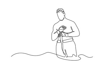 Single continuous line drawing muscular male boxer ready to exercise with his hands covered in boxing wraps. Active lifestyle, body, strength. Dynamic one line draw graphic design vector illustration